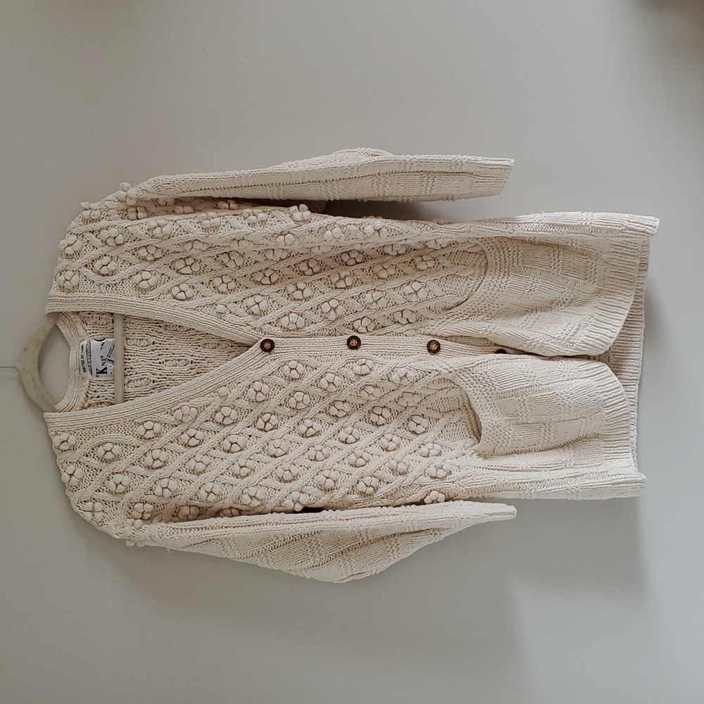 Knitting Needles Popcorn Knit Handmade Cute Ivory Silk Cotton Blend Cardigan M